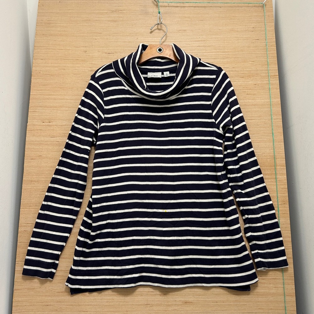 LL Bean Womens Large Navy Blue White Striped Cowl Neck Long Sleeve Knit Top